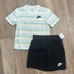 NEW Nike White Striped Tee with Teal & Lime Accent and Black Shorts
